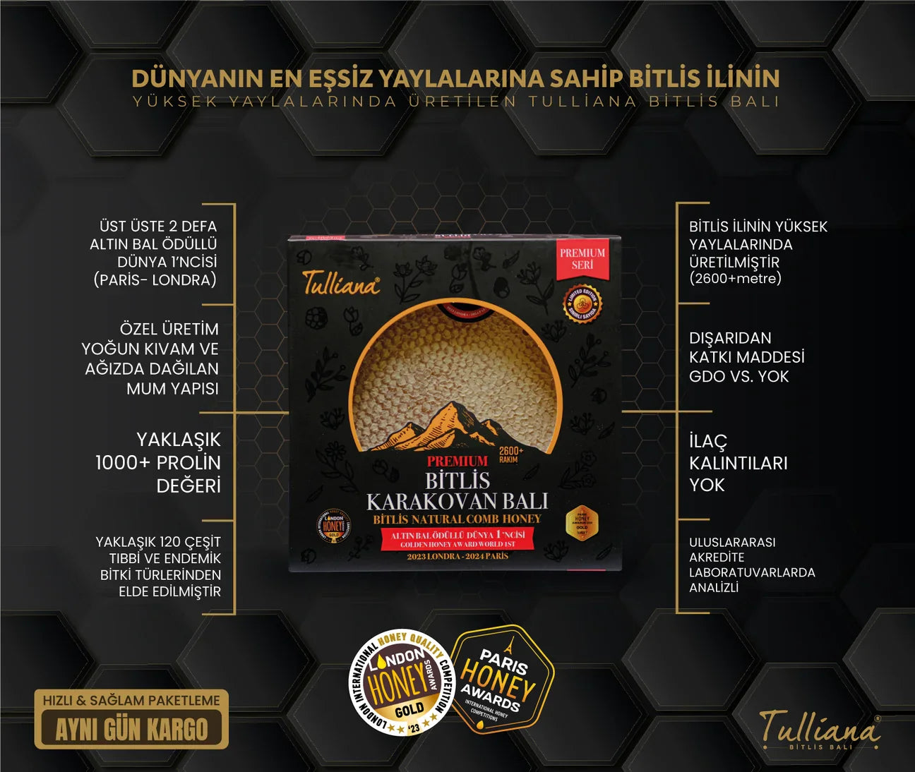 Tulliana Premium Polyflorale (meerbloemige) biologische Bitlis honingraat 1200-1300 g (winnaar van de Golden Honey Award)